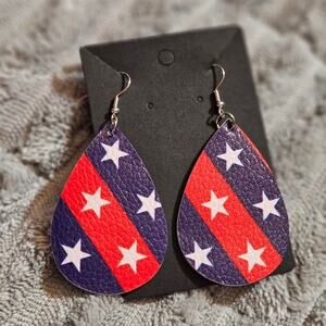 Boutique Patriotic Red, White and Blue Star Faux Leather Teardrop Earrings